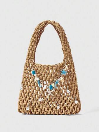 Fairycore 1 pieza Bolso de playa tejido con elemento de océano azul profundo, estilo de vacaciones de verano, incluye 1 bolso y 1 juego de accesorios, adecuado para DIY de bolso de mano de dama