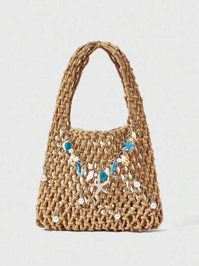 Fairycore 1pc Deep Blue Ocean Woven Beach Bag, Vacation Style, DIY Accessory For Women, Includes 1 Bag And 1 Set Of Accessories, Suitable For Spring/Summer