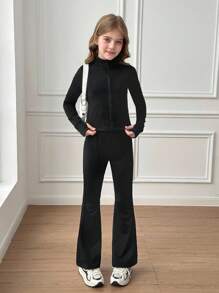SHEIN 青少年女孩针织舒适贴身小高领拉链夹克和紧身喇叭裤两件套运动休闲套装，秋冬 - 黑色 - 查看 4