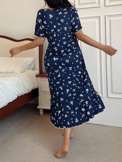 CottageSlumber Romantic Flora Ditsy Bloemen Ruffle Kanten Splicing Neck Zachte Milk Zijden Mid Length Ladies Home Com Tafel Nightgown, Marine Vintage Pajama Dress, Moo Cozy Elegante view 2