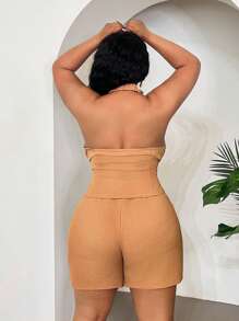 Slaydiva Veslaya Plus Size Women Halter Neck Low-Cut Vest & Shorts 2pcs Suit,Black And White,Summer,Classy,Night Out Club Two Piece Matching Curvy Outfit Set - Khaki - View 4