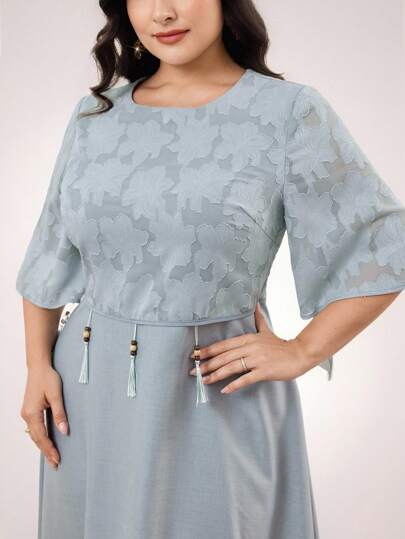 Al Najma 大码女式阿拉伯风格圆领中袖流苏装饰夏装