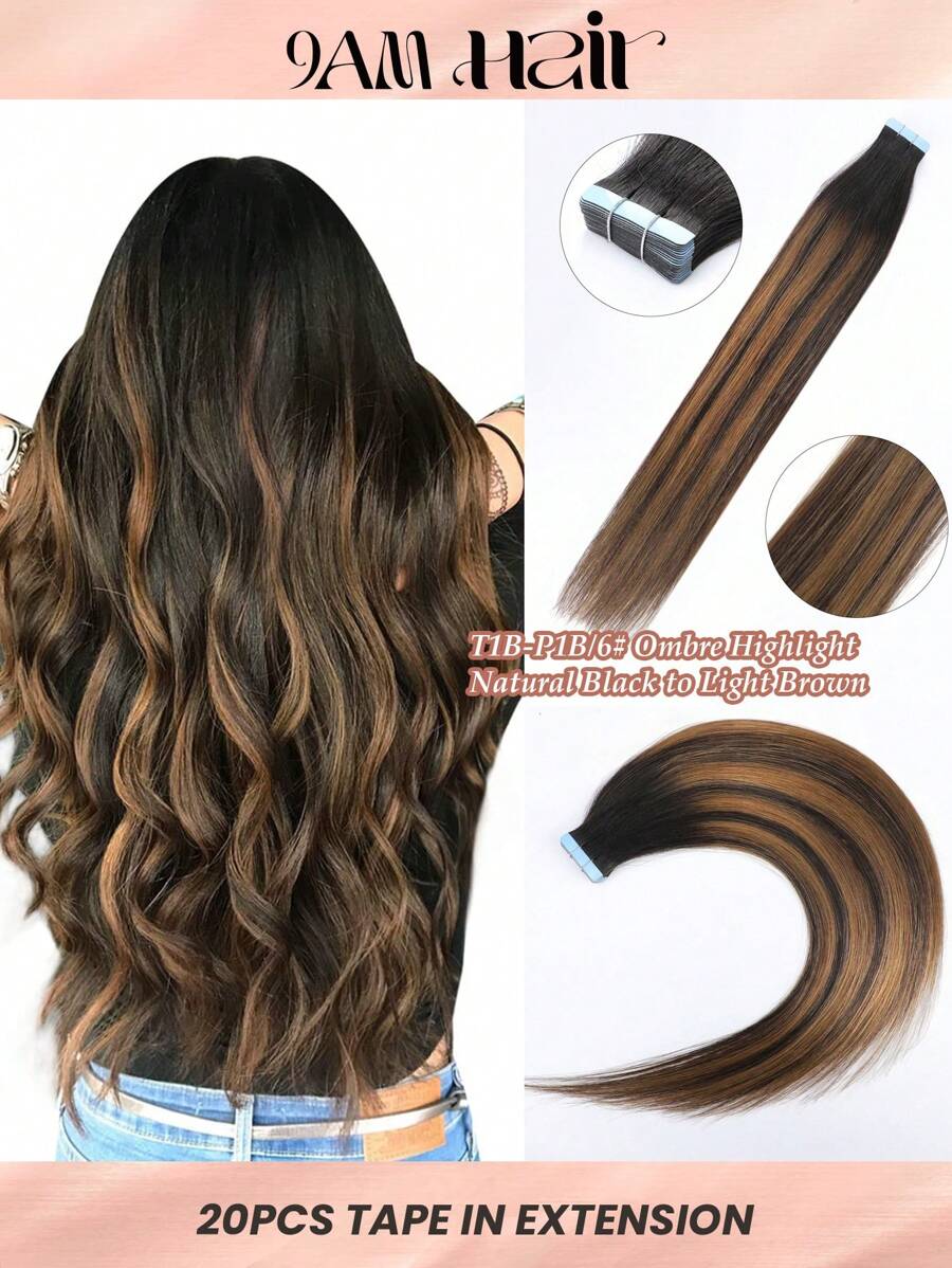 20 chiếc 50g Băng dính nối tóc, 100% tóc thật nối cho tiệm làm tóc mượt mà không tì vết, T1B-P1B/6# Đen tự nhiên làm nổi bật màu đen hạt dẻ nâu, dành cho tóc mỏng phụ nữ vẻ ngoài tự nhiên chất lượng hàng đầu - S1B/6/1B - Xem 1