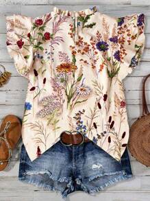 GlowEve Women's Spring/Summer Casual Apricot Base Colorful Floral Print Stand Collar Double Layer Ruffle Sleeve Short Sleeve Blouse