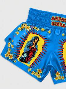 ROMWE MEN Street Life Shorts de boxeo de verano informales con cintura elástica y estampado de anime creativo para hombres - Azul - Ver 5