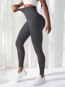Easithlete Quần bó tập yoga liền mạch dệt kim kiểm soát bụng nâng mông thoáng khí nhanh khô quần bó thể thao có cạp chun rộng quần bó tập luyện bằng vải thun Spandex - Màu xám đen - Xem 2