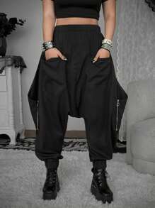 Whyspr Grunge Punk Zipper Decorated Harem Cargo Pants, Dark & Loose, Comfortable Harem Pants Oversized Pants Streetwear Pants Fall Cloth For Women - Black - View 1