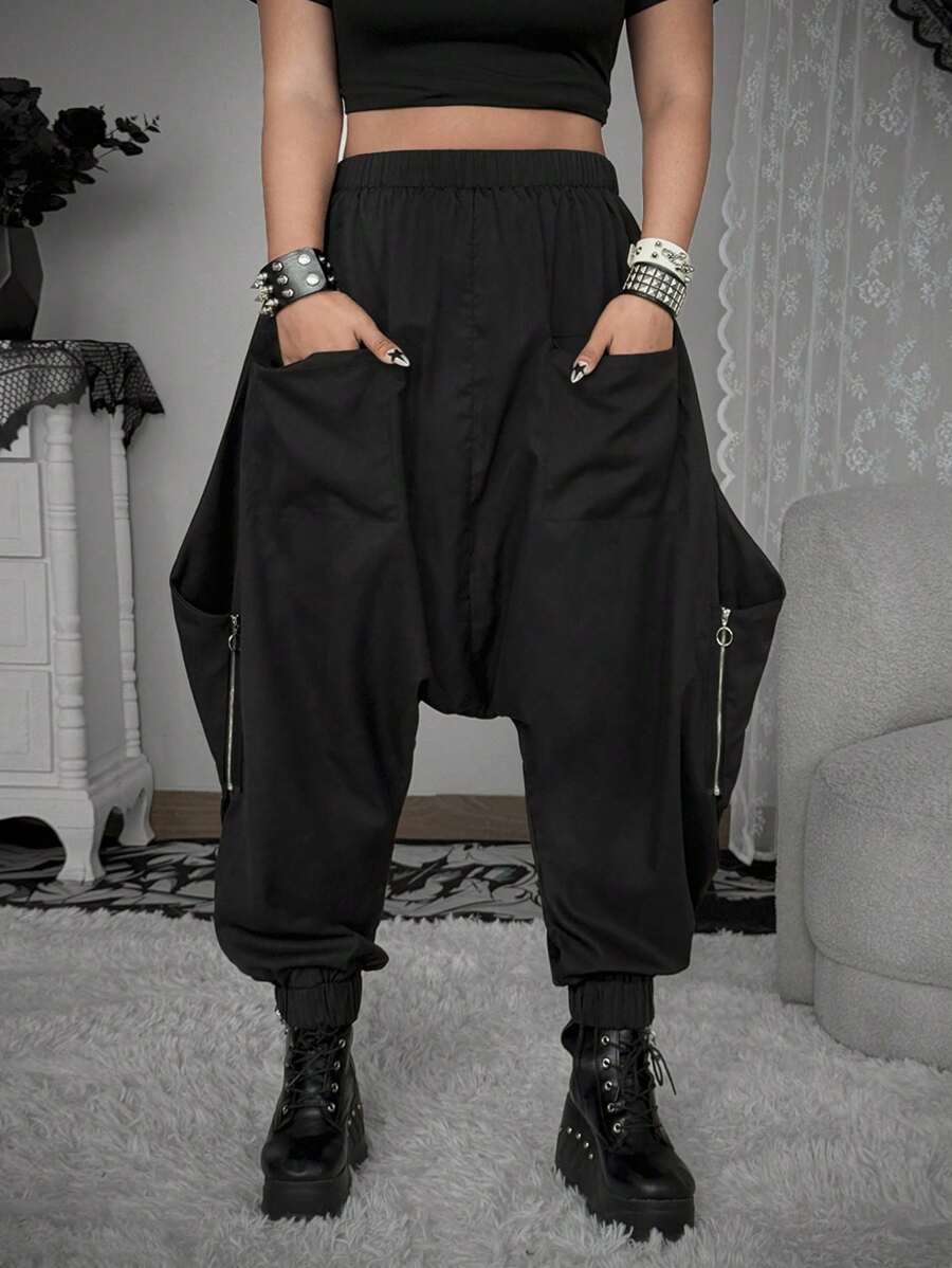 Whyspr Grunge Punk Zipper Decorated Harem Cargo Pants, Dark & Loose, Comfortable Harem Pants Oversized Pants Streetwear Pants Fall Cloth For Women - Black - View 1