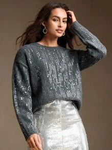 Anewsta Jersey de cuello redondo oversize para mujer con bordado de lentejuelas, de moda y suelto