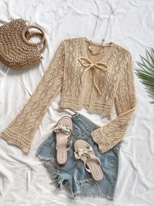 Soleia 女士优雅波西米亚热带开衫适合度假、海滩婚礼、毕业典礼、早午餐、圣帕特里克节、春假、复活节、音乐节针织衫针织上衣秋冬 - 卡其色 - 查看 3