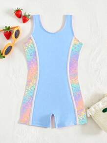 时尚女孩拼色纯蓝色豹纹拼布连体裤，适合海边度假