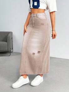 SHEIN EZwear 女式侧袋做旧长款直筒休闲牛仔中长裙 - 咖啡棕 - 查看 5