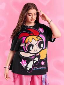 THE POWERPUFF GIRLS X SHEIN 大码女式休闲可爱花朵图案落肩宽松黑色T恤，夏季 - 黑色 - 查看 6