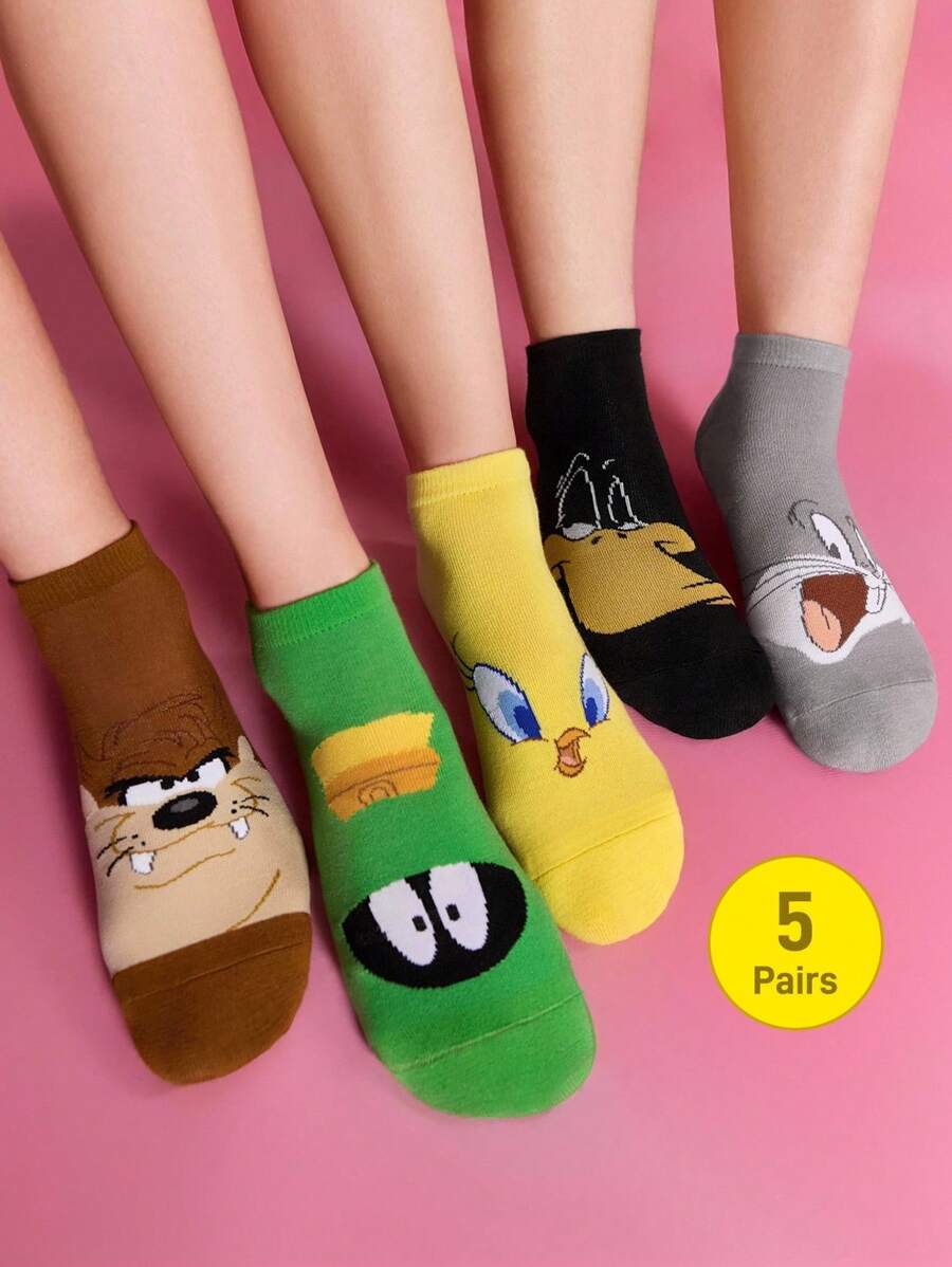LOONEY TUNES X SHEIN 5 đôi tất cổ ngắn mềm mại, thoáng khí, thấm hút mồ hôi, họa tiết hoạt hình Tweety & Sylvester & họa tiết thời trang, dễ thương, nhiều màu sắc, mũi và gót được gia cố, bền chắc, phù hợp cho cả nam và nữ, mọi mùa, phù hợp với mọi phong cách. - Nhiều màu - Xem 1
