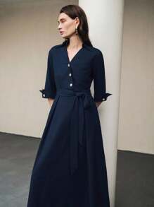 Uhlyne Uhlyne Women's Commuter Chic Linen Blouse Dress, Shirt Dress,3/4 Sleeve,Navy Blue,Easy Care,Autumn,Minimalist,Work Wear,Teacher Outfits,Back To School,Fall ,Neutral Clothes,Business Casual,Old Money Style Summer Dress