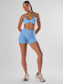 Musera Sport 纯色褶皱露背吊带运动文胸，舒适透气，适合健身房、跑步、俱乐部、板式网球、网球、匹克球、瑜伽、普拉提等运动，秋季日常休闲穿着。