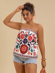 Travachic 加大码露肩波西米亚风上衣，带有彩色花卉图案和褶边细节花卉抹胸露肩上衣夏季抹胸抹胸女式露肩上衣，女士假日服装