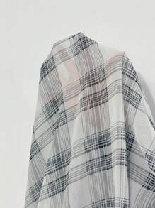 INAWLY Áo sơ mi kẻ caro dáng rộng, in họa tiết, dáng rộng, dáng đại học, dáng rộng, vai trễ, viền cong, size lớn dành cho nữ - Đen và trắng - Xem 7