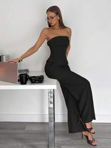 Siren Gaze Bộ đồ đi làm 2 món áo hở vai và quần dài cho nữ, trang phục hở vai, phong cách Coldice, bộ đồ công sở thường ngày mùa hè cho nữ - màu đen - Xem 5