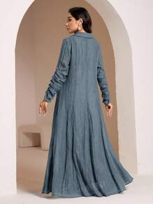 Veilorie Conservative Casual Collared Ruched Sleeve Dress, Women Arabic Style Long Dress - Blue - View 8