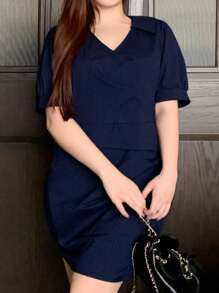 Dazy Plus Striped Gathered Short Sleeve Mini Commuter Dress For Summer - Navy Blue - View 5