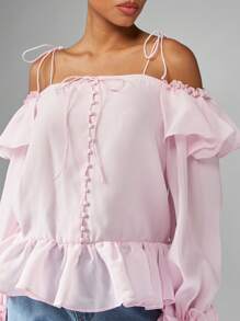MISSGUIDED Ruffle Trim Off Shoulder Peplum Blouse Long Sleeve Button Front Tie Shoulder Puff Volume Top Spring Summer Holiday Occasion Wear Festival Clothing - Pink - View 3