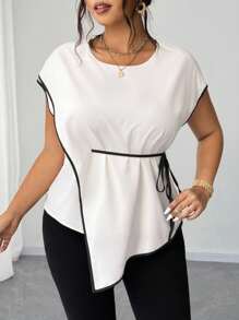 Elenzga Spring/Summer Round Neck Black & White Patchwork Handkerchief Hem Elegant Casual Commute Tie-Up Fashion Design Daily Office Wear Plus Size Women Blouse - White - View 5