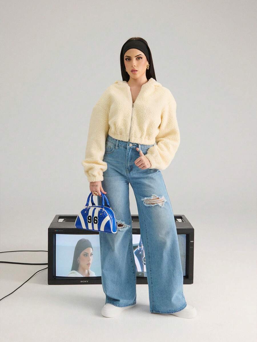 EMERY ROSE Jeans anchos de cintura alta rasgados de verano para mujer estilo Y2K - Lavado ligero - Ver 1