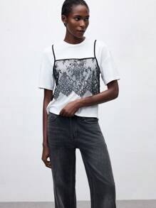 Maija 2025 年夏季新款黑色蕾丝吊带背心，合身无袖上衣，百搭可拆卸肩带，黑白撞色，时尚休闲都市优雅浪漫商务休闲办公室派对海滩音乐节婚礼宾客早午餐街头装机场返校秋季时尚 Y2K - 黑與白 - 查看 4