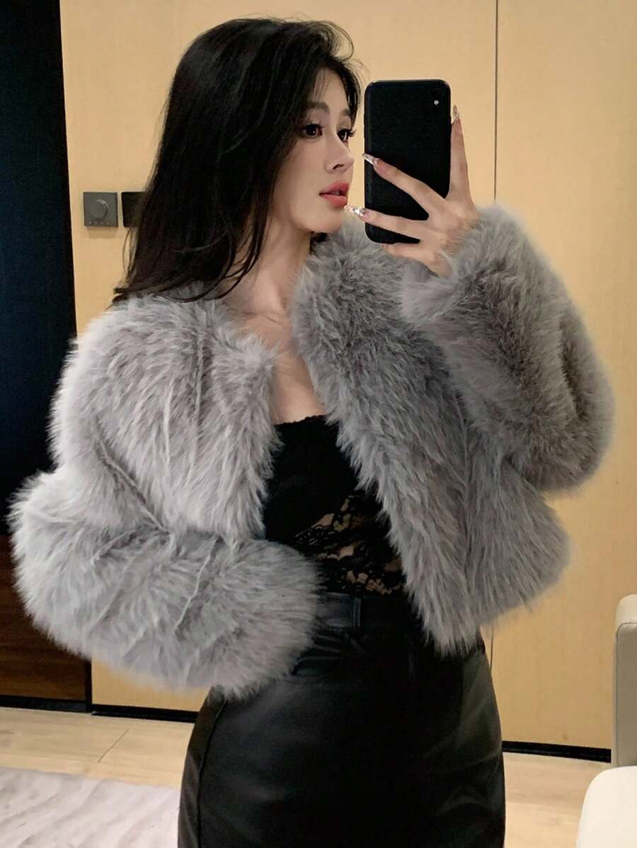 DAZY 女士时尚优雅仿皮草前开短款秋冬外套 - 灰色 - 查看 1