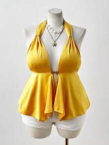 Sunspun Atasan Camisole Tanpa Punggung dengan Tali Bahu Asimetris Seksi untuk Wanita, Cocok untuk Liburan. - Kuning - View 5