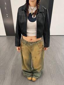 SHEIN 少女短款酷炫开叉皮夹克，秋冬女士仿皮大衣 - 黑色 - 查看 3