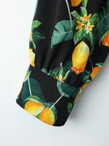 SHEIN LUNE 加大码女式水果柠檬印花简约日常长袖衬衫，夏季度假海滩节系带前开襟衬衫