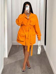 Slaydiva Áo khoác công sở/giải trí cổ điển kiểu phương Tây cổ điển thu đông 2025 mới, cỡ lớn dành cho nữ, tay dài, có cổ, vai trễ, nhiều túi, có thắt lưng, áo khoác tiện dụng màu cam mùa thu - trái cam - Xem 3