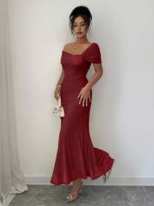 Modelyn 1 件女士时尚露肩花卉 3D 装饰修身优雅连衣裙，春夏 - 酒紅色 - 查看 3