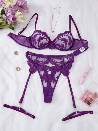 Verleidelijke Kanten Geborduurde Doorschijnende Lingerie Set, Paars Set BH Butterfly