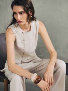 Uhlyne Uhlyne Women's Linen Asymmetrical Hem Button-Front Cardigan & Matching Pants Set,Beige,Summer,Chic,Brunch Vacation Style Solid Color Casual Work Wear - Apricot - View 3