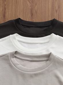 Manfinity VCAY 男士纯色圆领短袖休闲百搭T恤，夏季情侣装 - 黑色 - 查看 3