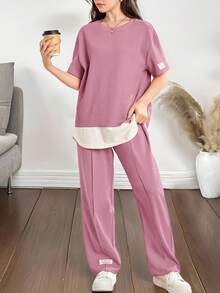 SHEIN 少女粉色、休闲旅行、春夏、假期、返校节、休闲针织拼布、织标、圆领袖上衣套装、通勤、返校装、可爱、假日家庭户外春季野餐日常穿着、适合各种场合 - 藕粉色 - 查看 4