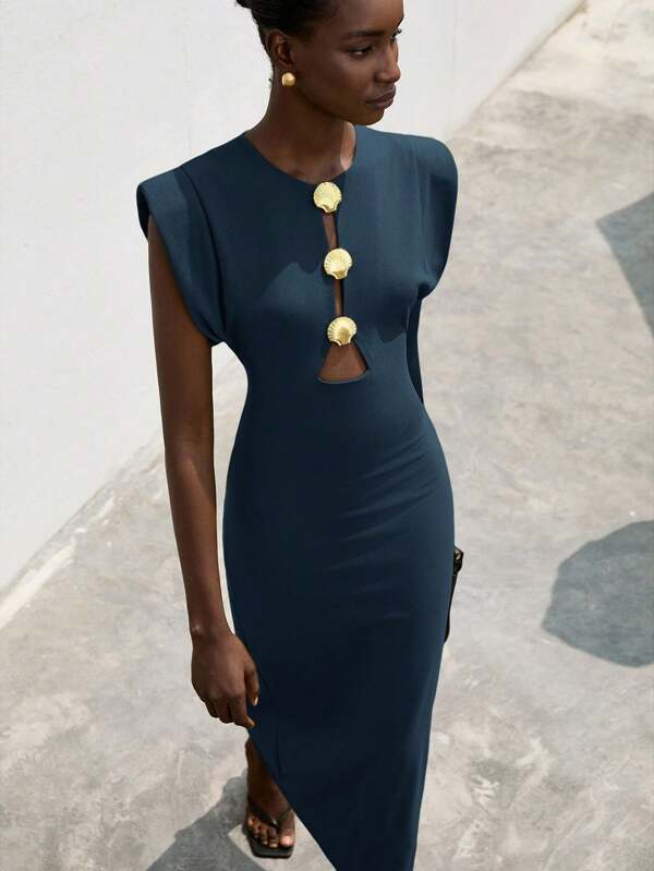 Aveloria Modichic Damen Kleid mit Cut Out Metallschnallengürtel und übertriebenen Schultern