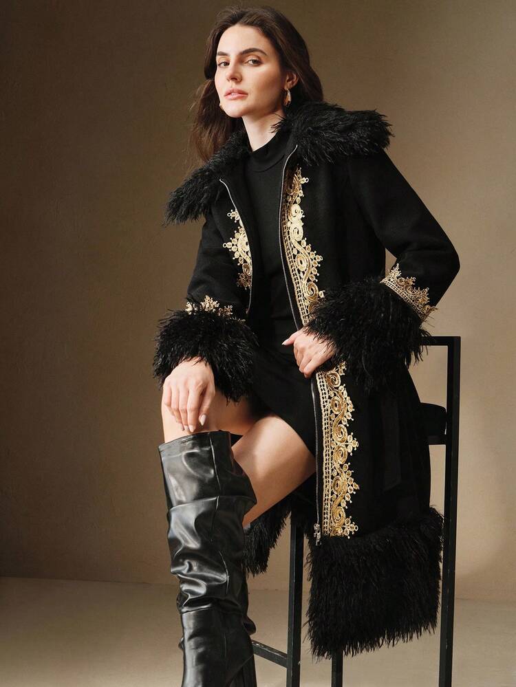 Women's Autumn/Winter Middle Eastern Vintage Embroidered Ribbon Puff Faux Suede Jacket, Elegant, Formal, Party, Chic, Suitable For New Year, Christmas, Work, Graduation, Wedding, Luxury