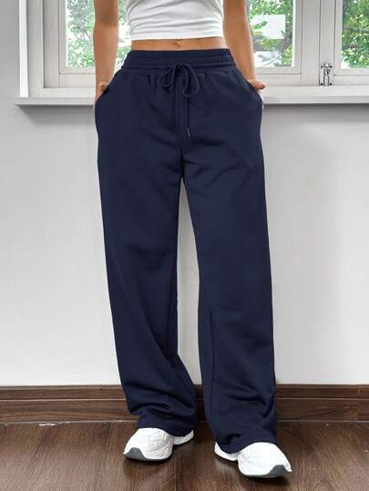 SHEIN EZwear 海军蓝直筒宽松休闲运动裤，适合居家和运动