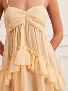 EMERY ROSE 阳光乡村风格黄色雪纺吊带裙，三层荷叶边飘逸轻盈雪纺，迷人的野餐/约会连衣裙 - 淡黃色 - 查看 7