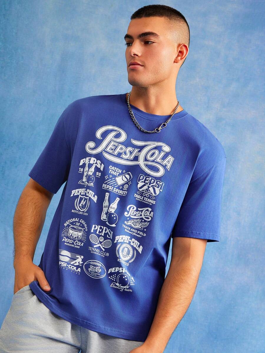 PEPSI X SHEIN 男士休闲街头字母图案短袖T恤，夏季