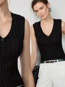 Uhlyne 女士简约 V 领插肩袖罗纹针织上衣，休闲优雅衬衫，适合外出约会，夏季/秋季 - 黑色 - 查看 1