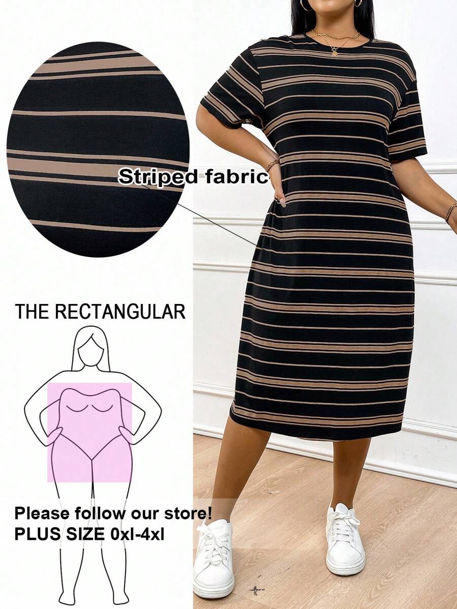 Solflare 女式大码黑白条纹修身短袖圆领连衣裙，夏季 - 棕色 - 查看 1