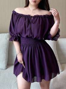 Flirla 加大码露肩飘袖 V 领蝴蝶结腰紫色优雅复古可爱中长连衣裙，适合度假、约会、派对 - 紫色 - 查看 1