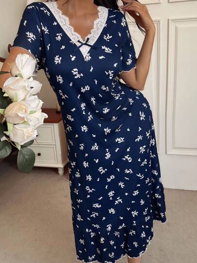 CottageSlumber Romantic Flora Ditsy Bloemen Ruffle Kanten Splicing Neck Zachte Milk Zijden Mid Length Ladies Home Com Tafel Nightgown, Marine Vintage Pajama Dress, Moo Cozy Elegante view 6