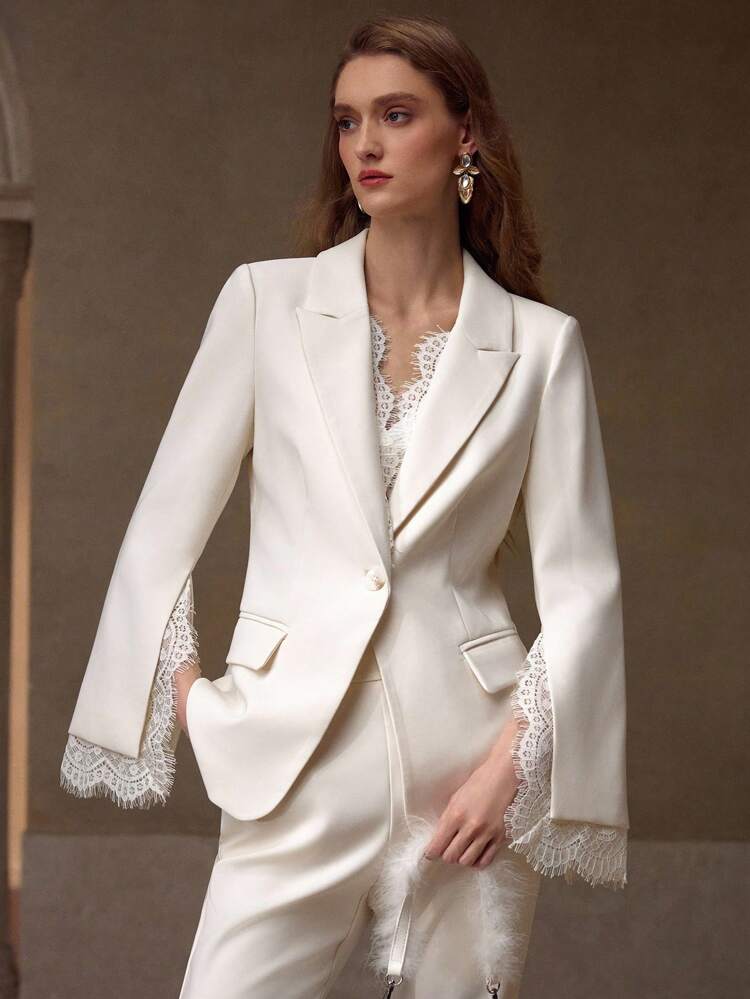 PEAK COLLAR CONTRAST LACE SPLIT SLEEVE SINGLE BUTTON BLAZER & FLARE LEG PANTS OUTFIT