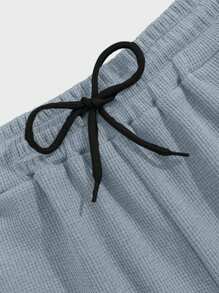 EURMUSE 100%Cotton Men Waffle Fabric Letter Printed Regular T-Shirt & Short Set - Baby Blue - View 7